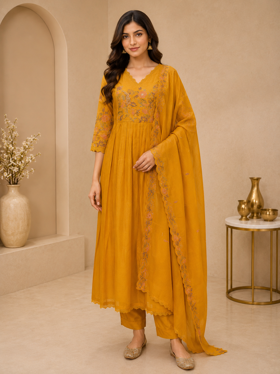 Mustard Yellow Mul Chanderi Embroidered Anarkali Kurta Set with Dupatta